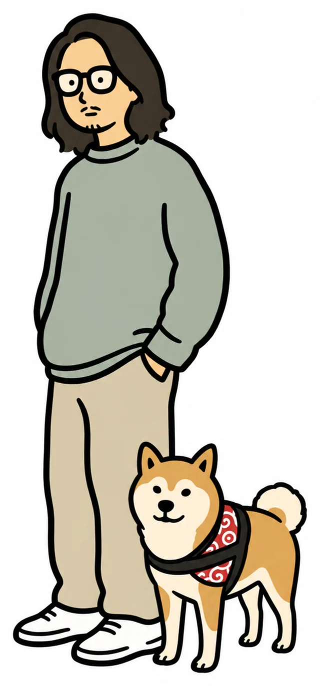 代表 川崎将史のイラスト。眼鏡をかけた長髪の人物が、柴犬と並んで立っている